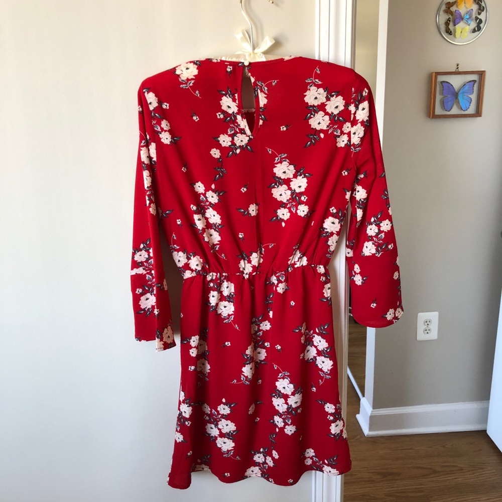 open lace back dress H&M Red/Orange/Purple Floral Button Down Smocked Cuff Short Sleeve Dress-  Size XL